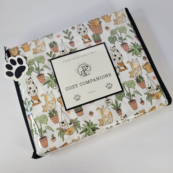 Cats Plants 4pc FULL Sheet Set Calico Orange Tabby Fern Aloe Monstera Succulents - Picture 3 of 9